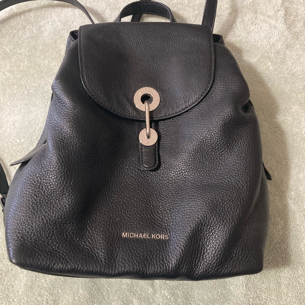 Michael Kors Black Backpack with Pebbled Leather and Silver Hardware